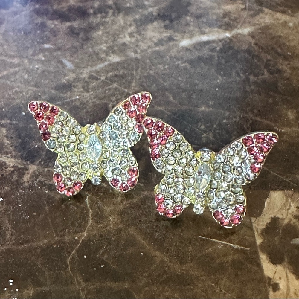 Pink and Gold Butterfly Stud  Earrings Clear Crystals NWOT